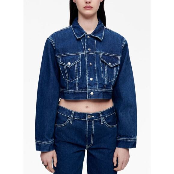 RE/DONE Women's Chunky Stitch Cropped Denim Jacket Small Blue Indigo Collar NWOT - Picture 1 of 12
